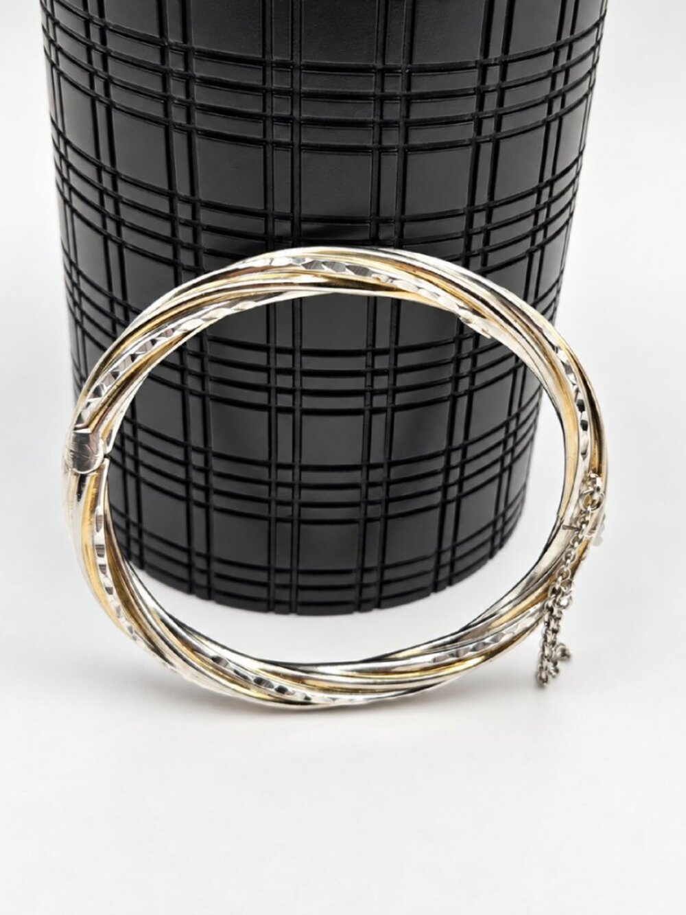 Vintage Sterling Silver Gold Vermeil Twisted Bangle Bracelet 925 Safety Chain